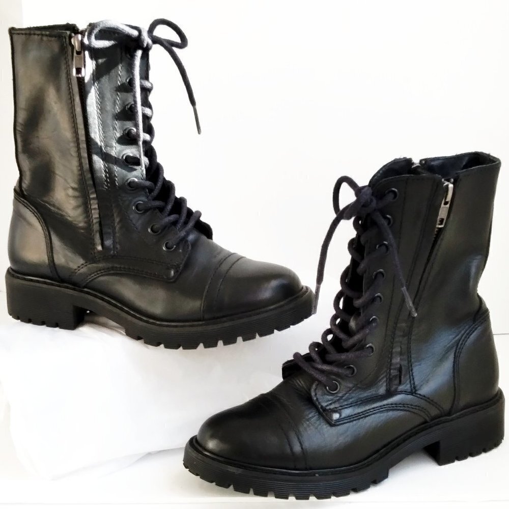Black Leather Double Sided Zips/ Lace Up Combat Boots with Lugged Soles Sz 6.5 - Picture 1 of 11